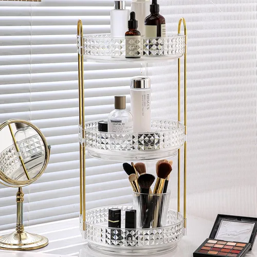Miniatura 13 de Fangoo Organizador de maquillaje giratorio transparente de 2 niveles para tocador, organizador de cuidado de la piel giratorio de 360 grados