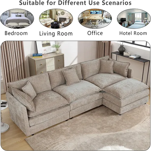 Miniatura 7 de Setawix Sofá Profundo de 3 Plazas con Otomana, Sofás de Nube en Forma de L de 112.2" para Sala de Estar, Sofá de Nube de Chenilla con Asiento Café