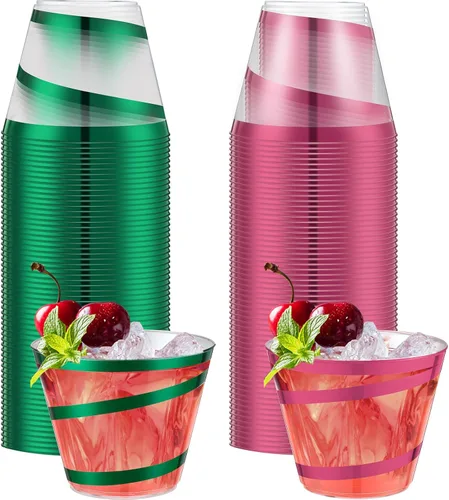 Miniatura 18 de Gejoy Tazas de plástico con borde en espiral de 9 onzas desechables, tazas de vino de plástico elegantes y transparentes, elegantes jarras de Oro