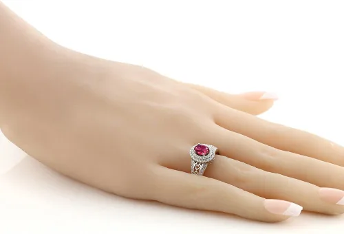 Miniatura 43 de Anillo de compromiso con halo de piedra preciosa y piedra natal en plata chapada en oro amarillo de 18 quilates, ovalado, 0.236 x 0.157 pulgadas