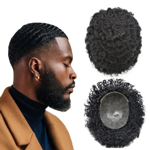 Miniatura 10 de Afro Toupee para hombres negros, cabello humano rizado afroamericano para hombre, sistema de cabello para toda la piel, base de poliuretano, unidad