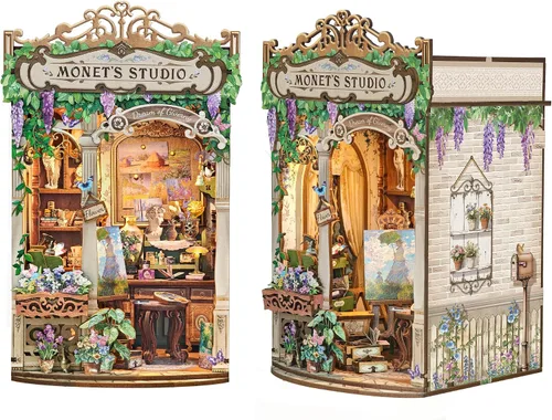 Monet's Studio - Kit de rincón de libro con luz LED y cubierta antipolvo, kit de casa en miniatura para bricolaje, rompecabezas de madera 3D, kit de