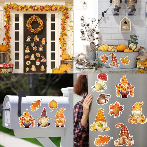 Miniatura 7 de Whaline 16 imanes de gnomo de otoño para refrigerador, calcomanías de imanes de nevera de otoño, hojas de arce, calabazas, forma de gnomo