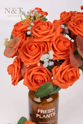Miniatura 99 de N&T NIETING Flores artificiales, rosas artificiales de color rosa intenso, 50 piezas de flores falsas con tallo para ramos de boda DIY, centros