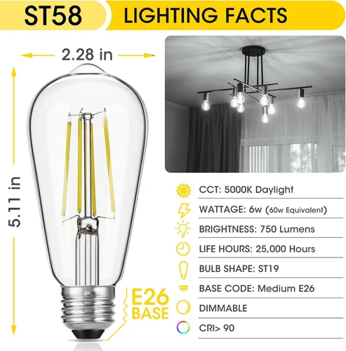 Miniatura 2 de Gozelux – Bombillas LED Edison vintage regulables, 60 vatios equivalentes a 750 lúmenes, 6 vatios, bombillas Edison de luz diurna blanca de 5000K