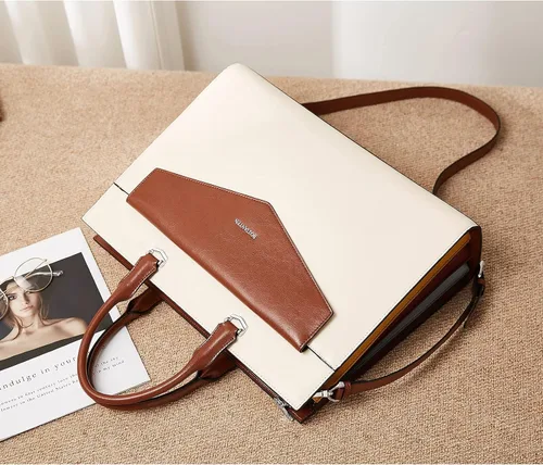 Miniatura 2 de BOSTANTEN Maletín para mujer con bolso para laptop de 15.6 pulgadas, bolso de mano de cuero genuino para el trabajo, color beige