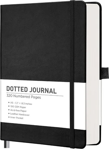 RETTACY Cuaderno Diario Punteado, 320 Páginas Numeradas, Tamaño A5 Mediano (5.7" × 8.3"), Tapa Dura de Cuero, Papel Grueso de 100 GSM, para Diario