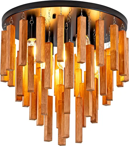 Miniatura 9 de Lámpara de Techo Estilo Granja, Lámpara de Techo Empotrada Redonda de 2 Luces con Marco de Madera y Metal, Luminaria Rústica Negra para Pasillo