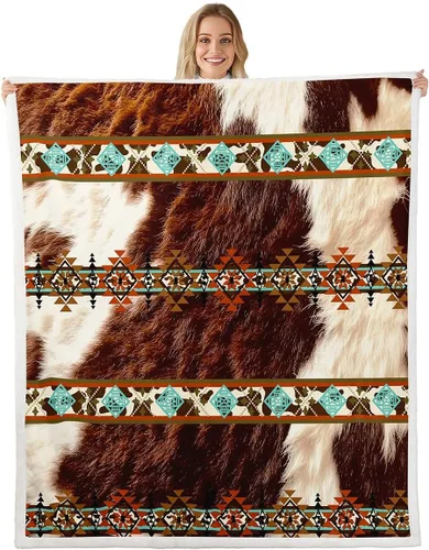 Miniatura 29 de Erosebridal Manta de forro polar de piel de vaca con estampado de leopardo marrón, manta occidental de 50 x 60 pulgadas, manta con estampado de vaca