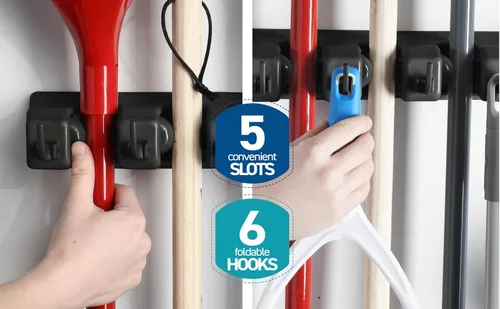 Miniatura 8 de Soporte de pared para fregona y escoba, organizador de almacenamiento de garaje con 5 ranuras, 6 ganchos, capacidad de 7.5 libras por ranura, hogar