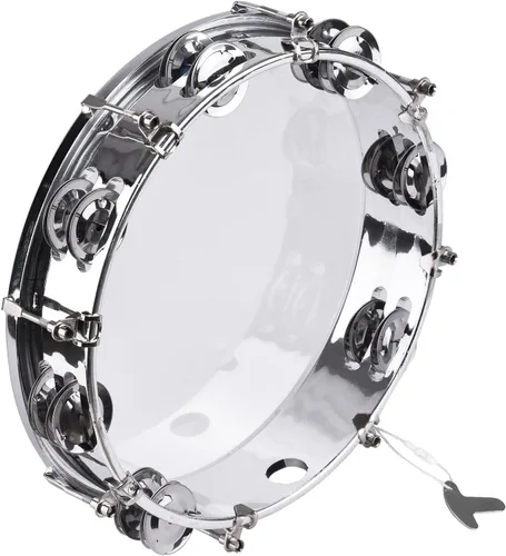 Miniatura 10 de Mancuerna de pandereta de 10 pulgadas para adultos, tambor de mano con doble fila, 14 platillos de metal, jingles, instrumento de percusión