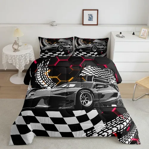 Miniatura 32 de Erosebridal Juego de edredón individual de motocicleta de carreras para niños, juego de ropa de cama de panal con luces de neón azules, motocross