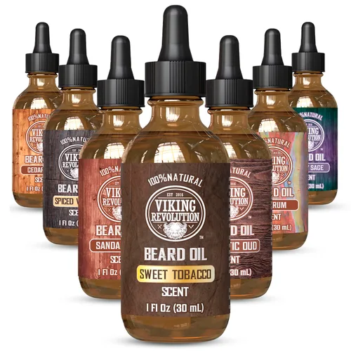 Viking Revolution Aceite de barba de tabaco dulce para hombres, aceite natural para barba con aceite de argán y aceite de jojoba, suavizante de