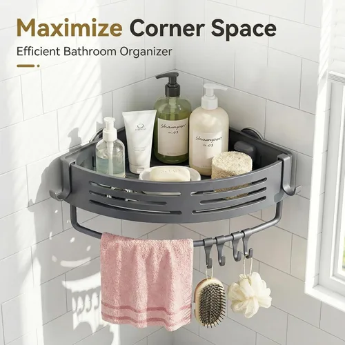 Miniatura 7 de Paquete de 1 organizador de ducha esquinero, estante de ducha con ventosa sin taladro, con toallero, organizador de baño de aluminio