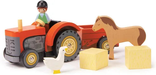 Tender Leaf Toys - Tractor de corral - Juguete de tractor de madera con remolque extraíble, animales y accesorios - Juguete de juego abierto, juego