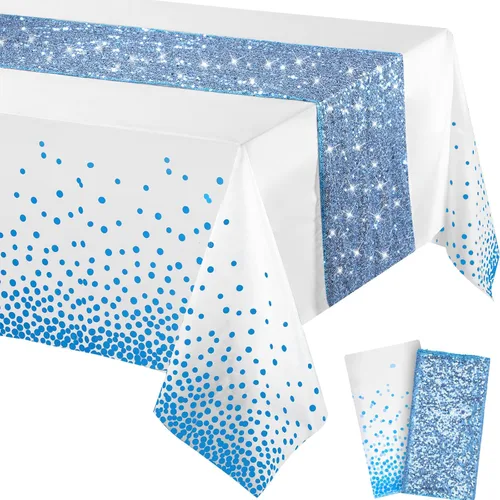 Miniatura 19 de Irenare Juego de Mantel y Camino de Mesa con Lentejuelas, Diseño de Lunares y Confeti, Cubierta de Mesa de Plástico con Purpurina, Decoraciones