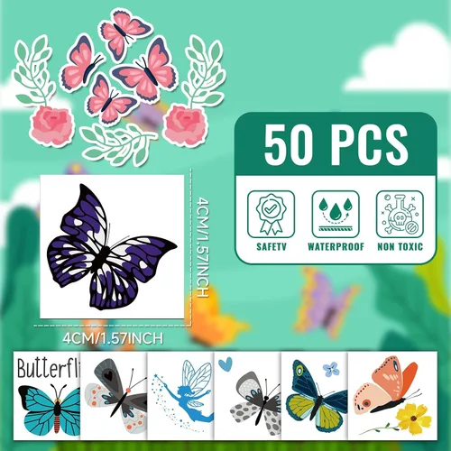 Miniatura 5 de EMOME 50 hojas de tatuajes temporales de mariposa para niñas, tatuajes envueltos individualmente para fiestas de cumpleaños de mariposas