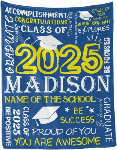 MyPupSocks Manta personalizada para regalo de graduación, felicitaciones clase de 2025, manta azul personalizada de forro polar 2025 para hermana,