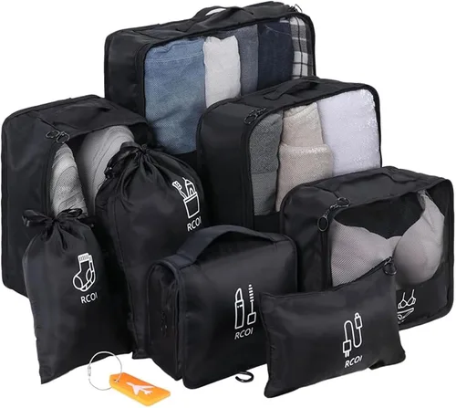 Cubos de equipaje para maletas de viaje 9 cubos de viaje negros para embalaje, juego de organizadores de equipaje de viaje ligeros