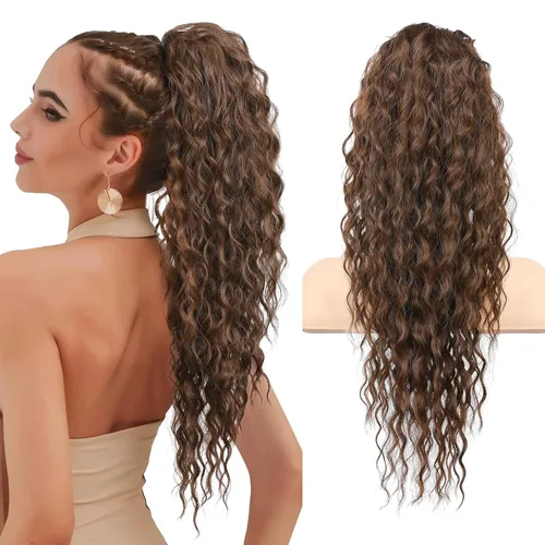 Miniatura 21 de Flufymooz Extensión de cola de caballo, 26 pulgadas, estilo bohemio, con cordón, extensiones de cabello para mujer, cola de caballo larga, rizada