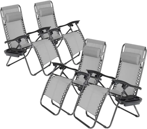 Miniatura 10 de Juego de 4 sillas reclinables de gravedad cero de malla de acero para acampar al aire libre con reposapiés, ajustable, almohada, bandeja, beige