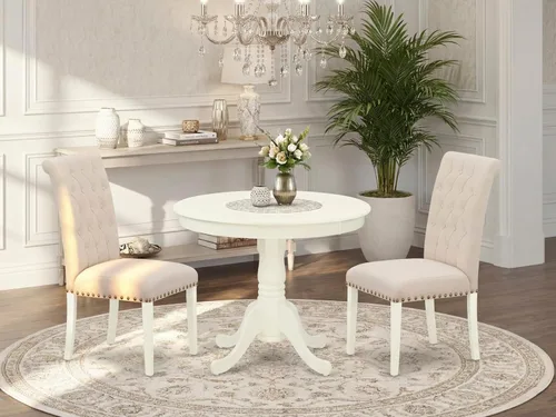 Miniatura 2 de East West Furniture ANBR3-LWH-02 Juego de mesa de comedor de 3 piezas contiene una mesa de comedor redonda con pedestal y 2 sillas tapizadas de tela