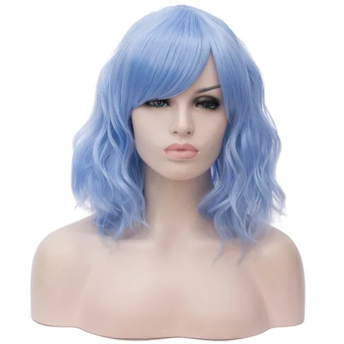 Miniatura 19 de BUFASHION Peluca rizada corta ondulada de 14 pulgadas para mujer, peluca sintética para cosplay, Halloween, peluca con flequillo lateral (negro)