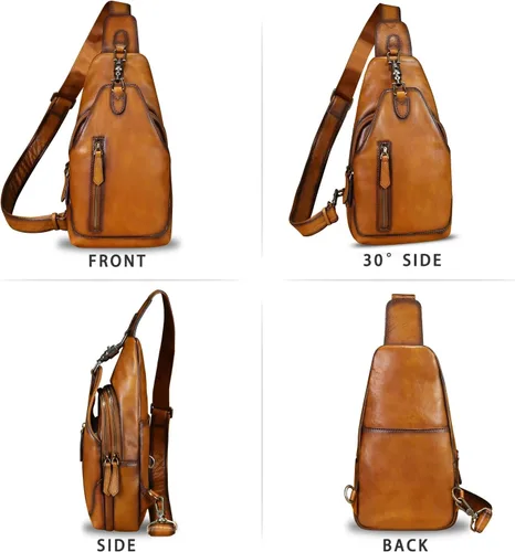 Miniatura 4 de LRTO Bolso bandolera de cuero genuino para hombres y mujeres, bolso cruzado de hombro de cuero real, bolsa de pecho, mochila