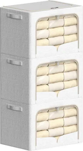 Miniatura 17 de FHSQX Paquete de 3 contenedores de almacenamiento de ropa, caja de almacenamiento plegable con marco de metal, juego organizador apilable de tela