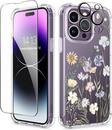 Miniatura 163 de GVIEWIN - Funda floral para iPhone 14 de 6.1 pulgadas, protector de pantalla + protector de lente de cámara, no se amarillenta, a prueba de golpes