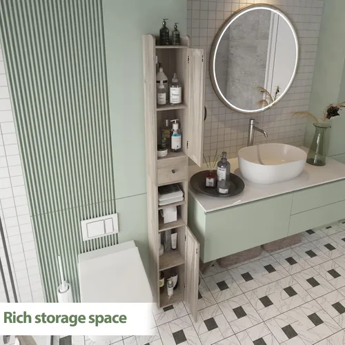 Miniatura 3 de Armario de baño con estante ajustable, armario de almacenamiento para espacio pequeño, armario de almacenamiento alto con barra de papel higiénico
