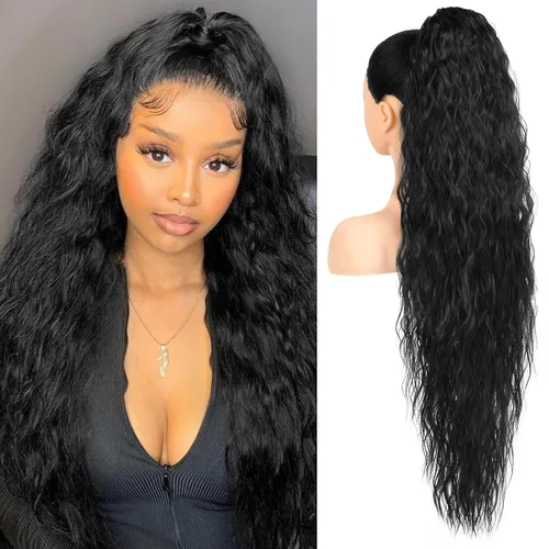 Miniatura 12 de HOOJIH Extensión de cola de caballo, extensiones de cabello con cordón para cola de caballo de 26 pulgadas de largo, pelo rizado y ondulado natural