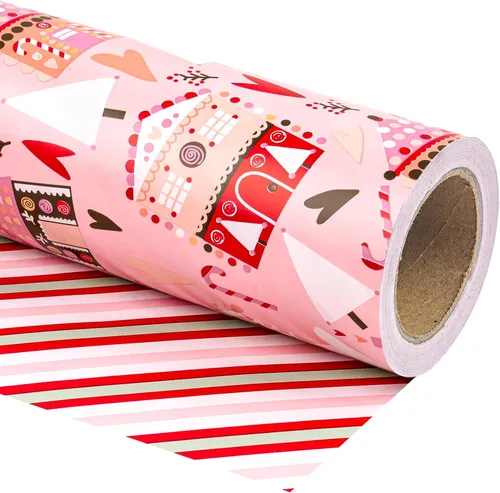 Miniatura 13 de WRAPAHOLIC - Papel de regalo de Navidad reversible, minirollo, 17 pulgadas x 33 pies, diseño de árbol de Navidad con letras “joy”, perfecto