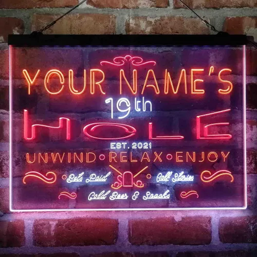 Miniatura 14 de Personalized 19th Hole Golf Club Tri-Color LED Neon Light Sign Customize Name Date Text Quote Font Green & Red & Yellow 13 x 8.7 Inches