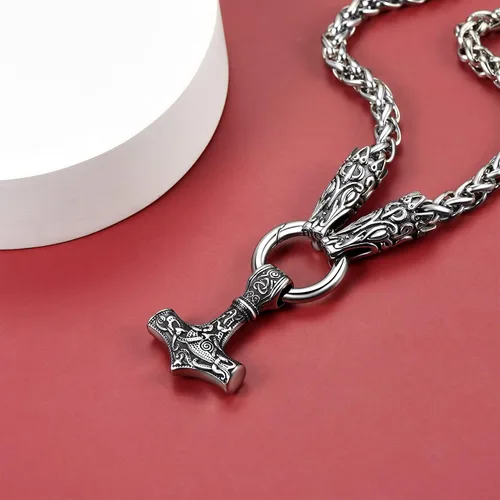 Miniatura 9 de FaithHeart Collar punk nórdico vikingo para hombre, collar grueso, acero inoxidable, Mjolnirnudo celta, cabeza de lobo, colgante de amuleto, joyería