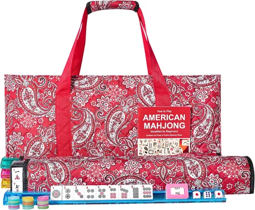 American Mahjong Juego de juego, 166 azulejos blancos, 4 bastidores de colores todo en uno, juego completo de azulejos Mahjong bolsa de transporte