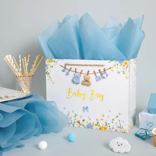 Miniatura 8 de Crisky Bolsa de regalo grande de 13" para niño con papel de seda, tarjeta de regalo y lazo para decoración de baby shower y cumpleaños de niño