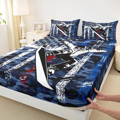 Miniatura 7 de Juego de ropa de cama de esquí, tamaño individual, con dibujos animados, esquí, esquí, snowboard, sábana bajera ajustable de 2 piezas con estampado