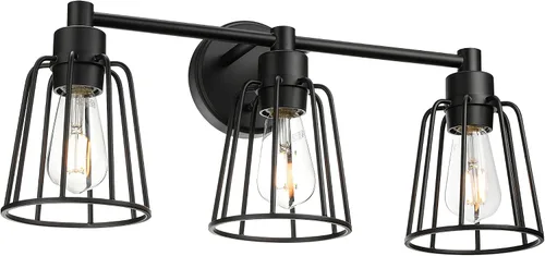 XiNBEi Lighting XB-W1287-3-MB - Lámpara de baño de 3 luces, apliques industriales de jaula de metal para pared, acabado negro mate