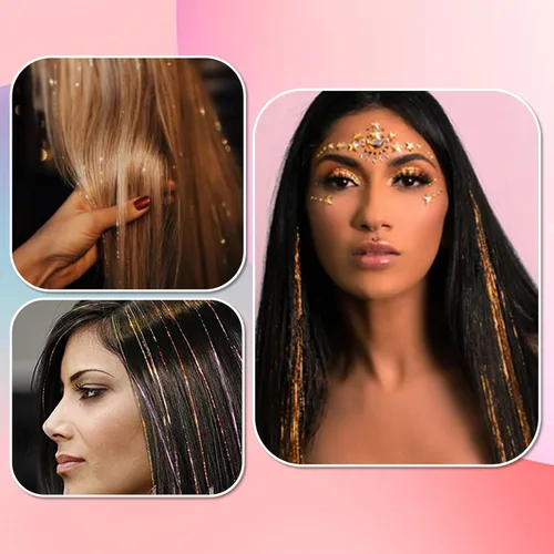 Miniatura 4 de Kit de oropel de cabello marrón con herramientas e instrucciones, fácil de usar, 1200 mechones, 48 pulgadas, extensiones de cabello con purpurina