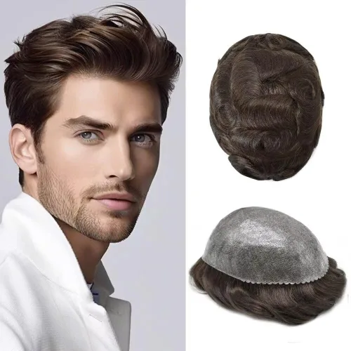 Miniatura 52 de Peluca completa de poliuretano para hombre, sistemas de reemplazo de cabello humano, piel fina y duradera, para hombre, prótesis de cabello