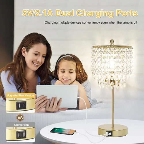 Miniatura 5 de Juego de 2 lámparas de mesa de cristal, lámpara de mesa de noche regulable de 3 vías con 2 puertos de carga USB, lámpara de noche dorada