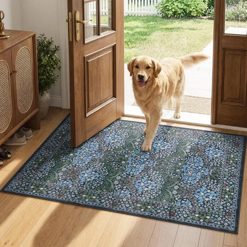 Miniatura 32 de Lahome Tapete floral lavable, suave, para entrada y cocina, 2 x 3 pies, antideslizante, bohemio, ultradelgado, fácil de limpiar, para interior, Azul