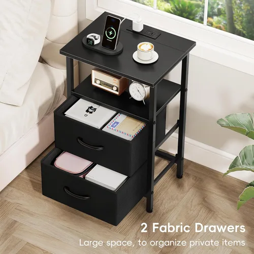Miniatura 4 de Vagusicc Nightstand with Charging Station, End Table Bedside Table with 2 Fabric Drawers, Black Night Stand with USB Ports & Outlets, 24.2" Tall Bed