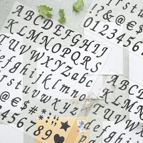 Miniatura 7 de 12 hojas de calcomanías de letras con purpurina, calcomanías autoadhesivas de números del alfabeto, calcomanías de letras y números para Negro