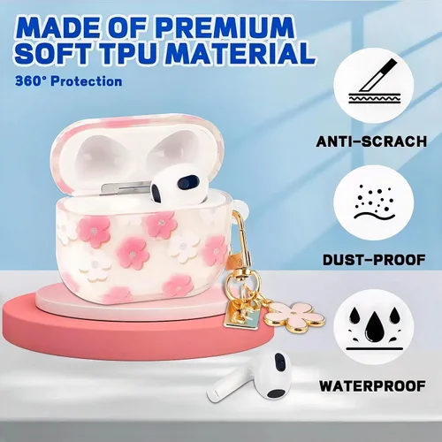 Miniatura 6 de Bonita funda compatible con AirPods 3 2021, diseño de patrón floral de dibujos animados para mujeres y niñas, funda protectora de silicona suave a
