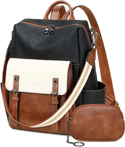 AGLOD Mochila de cuero sintético para mujer, bolsos de viaje de moda para mujer, bolsos de viaje de trabajo de imitación, Beige--negro-marrón,