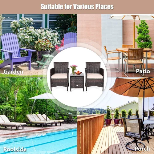Miniatura 5 de HAPPYGRILL Juego de muebles de mimbre de mimbre para patio de 3 piezas, juego de conversación de ratán al aire libre con mesa auxiliar, sillas