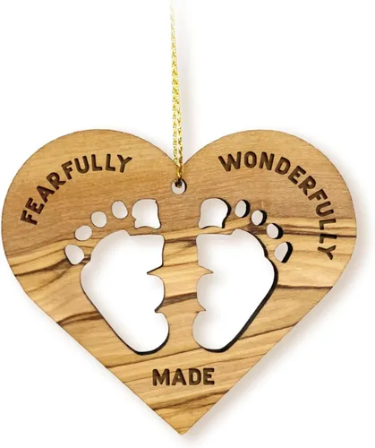 Babys First Christmas Ornament – Fearfully & Wonderfully Made, adornos de madera de olivo de Tierra Santa, adorno de huella de bebé, adornos de