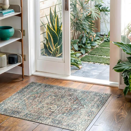 Miniatura 3 de Bloom Rugs Alfombra lavable antideslizante de 2 x 3 pies, color azul/verde/mandarina, alfombra tradicional oriental para sala de estar, dormitorio